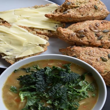 Buttered Seeded Spelt Scones with bowl of soup
